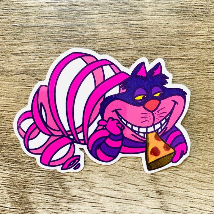 Chesire Cat Alice In Wonderland Eating Pizza Sticker Decal for wholesale by Flying Fawn Studio