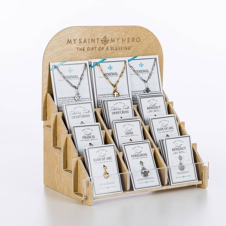 12 Pocket table top wood display for wholesale by My Saint My Hero