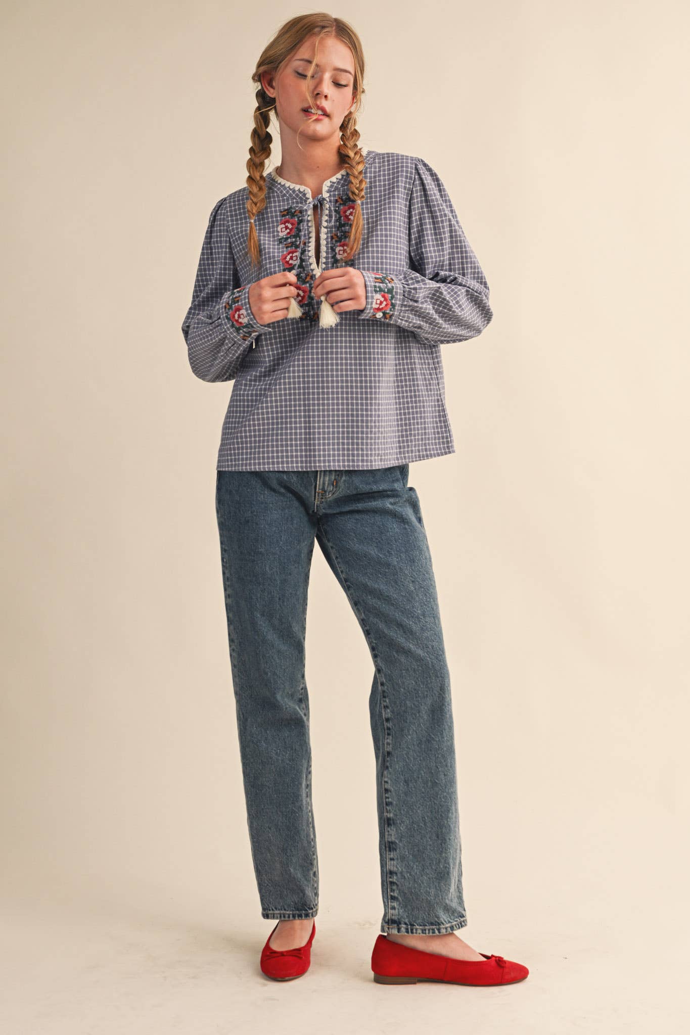 &MERCI - Wholesale Blouse - Women's - FLORAL CROSS STITCH EMBROIDERED CHECKERED TOP MTP41474