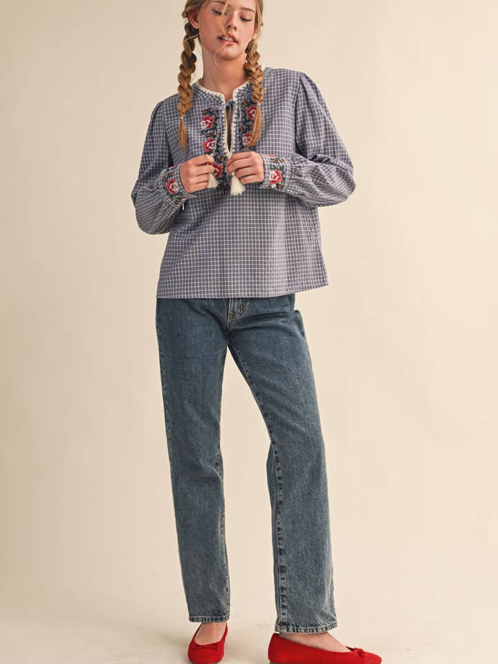 &MERCI - Wholesale Blouse - Women's - FLORAL CROSS STITCH EMBROIDERED CHECKERED TOP MTP41474