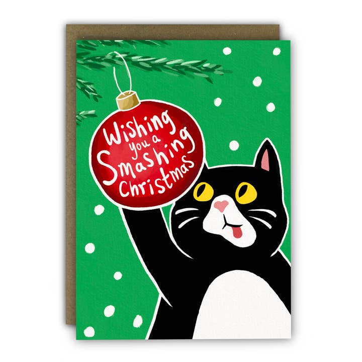 Funny Christmas Card - A6 - Cat Smashing Bauble for wholesale by RUNNING WITH SCISSORS - USA SHIPPED DDP - WE PAY DUTIES