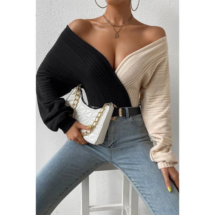 BLACK Off Shoulder Strip Knit Fit Wide Sleeve Bodysuit for wholesale on Faire3