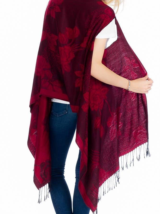 Rosblommig Silkeslen Pashmina Väst med Fransar för wholesale av Cap Zone