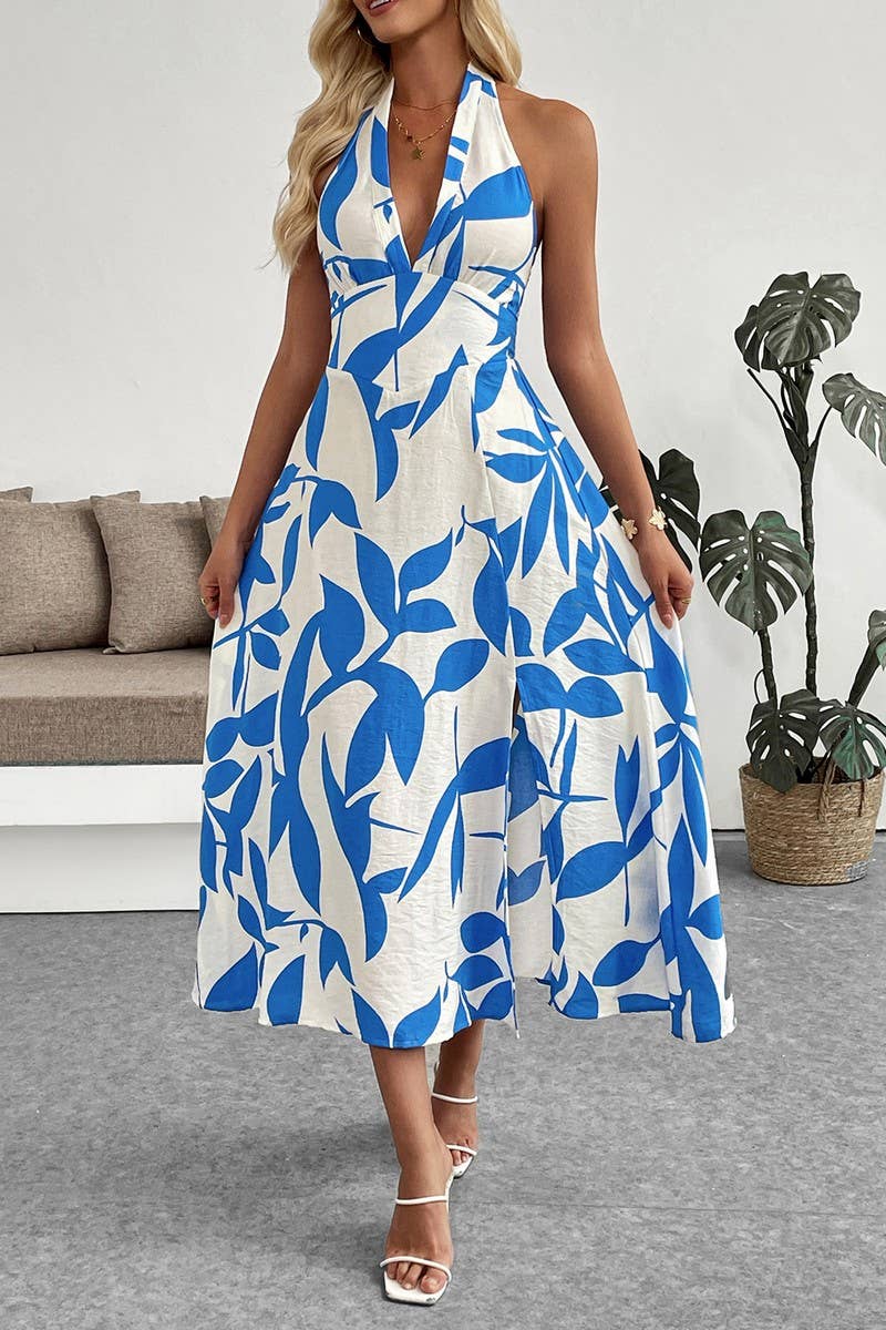 BLUE CWDMD6281_TROPICAL HALTER NECK SPLIT HEM BEACH DRESS for wholesale on Faire1