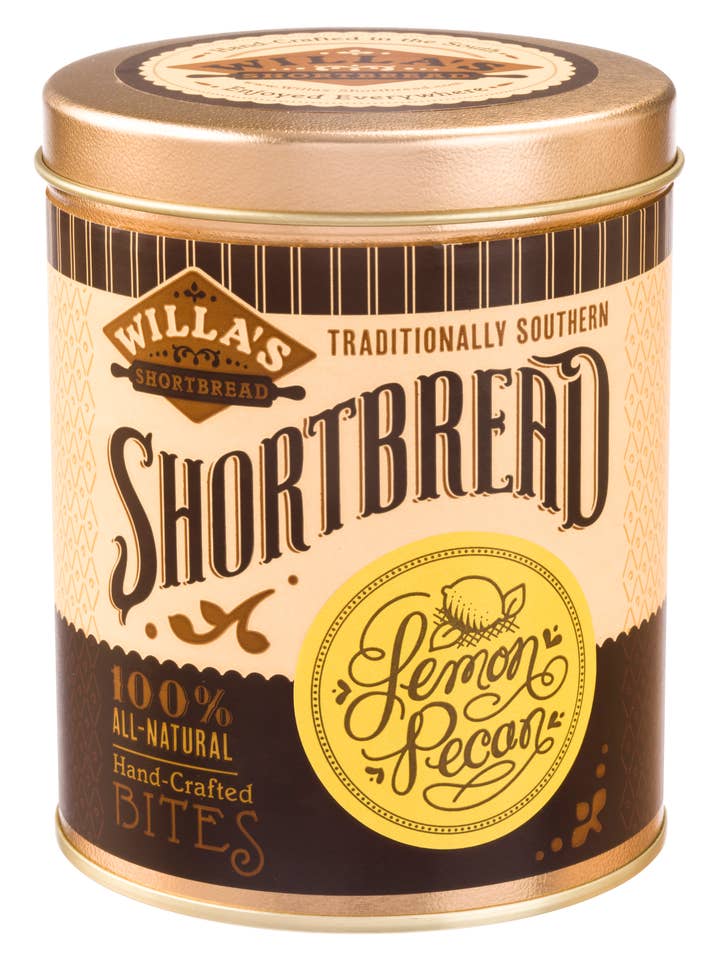 Lemon Pecan Shortbread - Cylinder Tin for wholesale by Willa's Shortbread