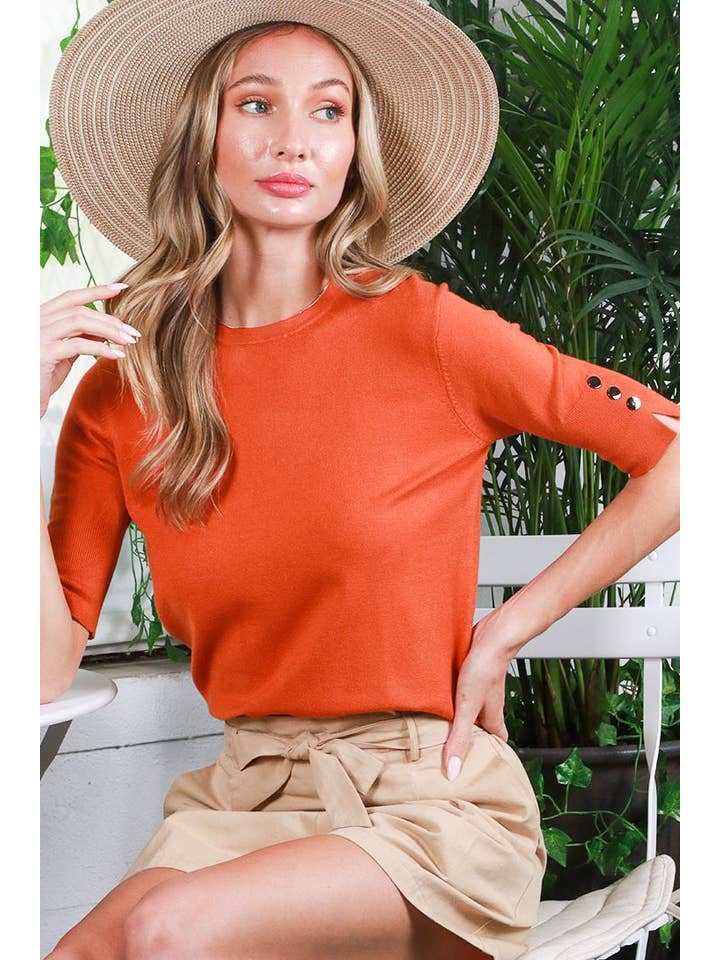 Vine & Love - Wholesale Knit Sweater - Women's - Crew Neck Short-Sleeve Button Detail Sweater Top VT81653-