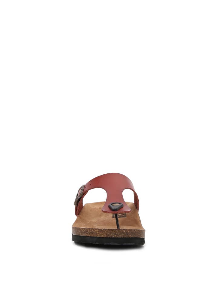 Red Women Soft Cork PU Leather T Strap Flip Flops Slippers for wholesale on Faire2