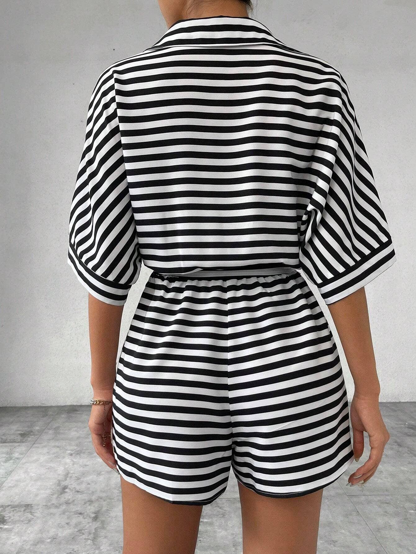 Comely Fashion - Wholesale Romper - Women's - Striped Buttons Up Summer Romper with Belt14