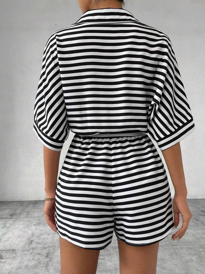 Comely Fashion - Wholesale Romper - Women's - Striped Buttons Up Summer Romper with Belt14