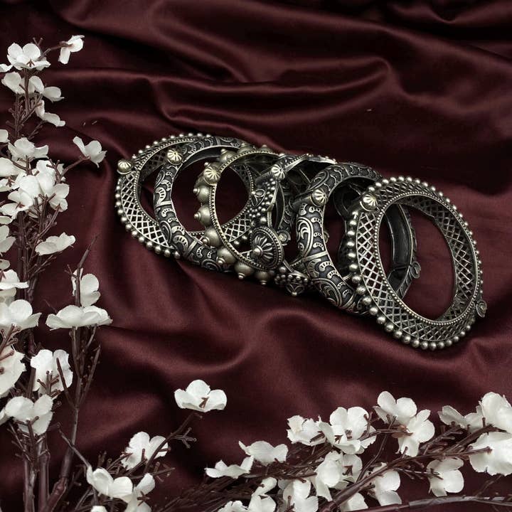 Quirky Fashions - Wholesale Jewellery set - Set Of 6 Oxidised Silver Kada Bangles Ethnic Tribal Vintage4