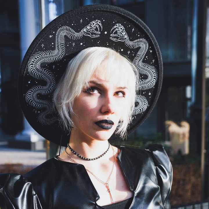Blessed by Lilith - Wholesale Fedora - Women's - Serpent Witch Hat - Black Wide Brim0