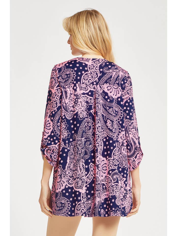 Navy Pink Lizzy Cardigan Wrinkle Free With Tab 3/4 Sleeves for wholesale on Faire