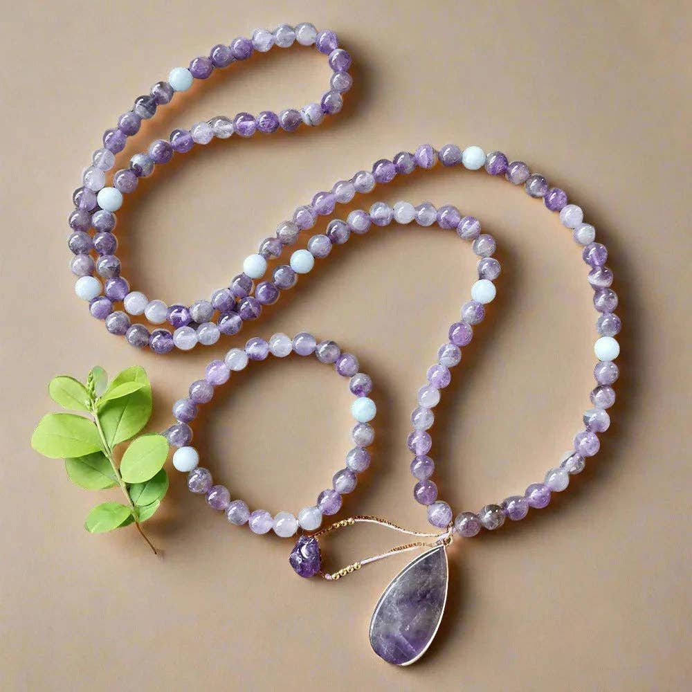 Harmony Mala - Vente Collier de perles - Collier de perles Mala en améthyste avec pendentif — Calme et équilibre des chakras6