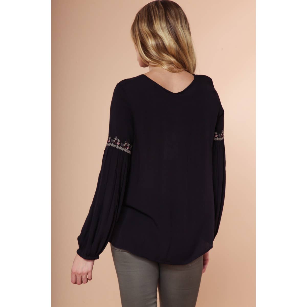 Naked Zebra Rack – wholesale Blouse – Women’s – Embroidered Lace Up Long Sleeve Blouse2