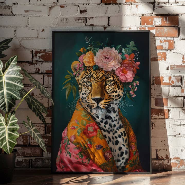 Untamed Beauty | Unique Leopard in Floral Dressing Gown Wall Art Print for wholesale by Belter Prints