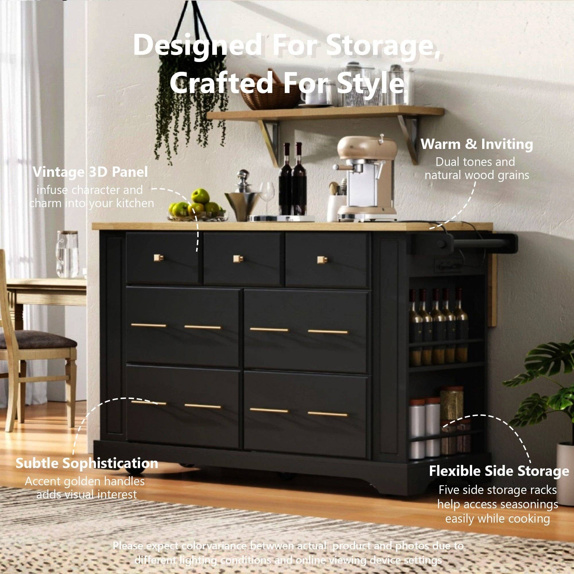 39F Inc. - Wholesale Kitchen Storage/Organizer - 51.2" Farmhouse Kitchen Island with 6 Drawers & Drop Leaf40