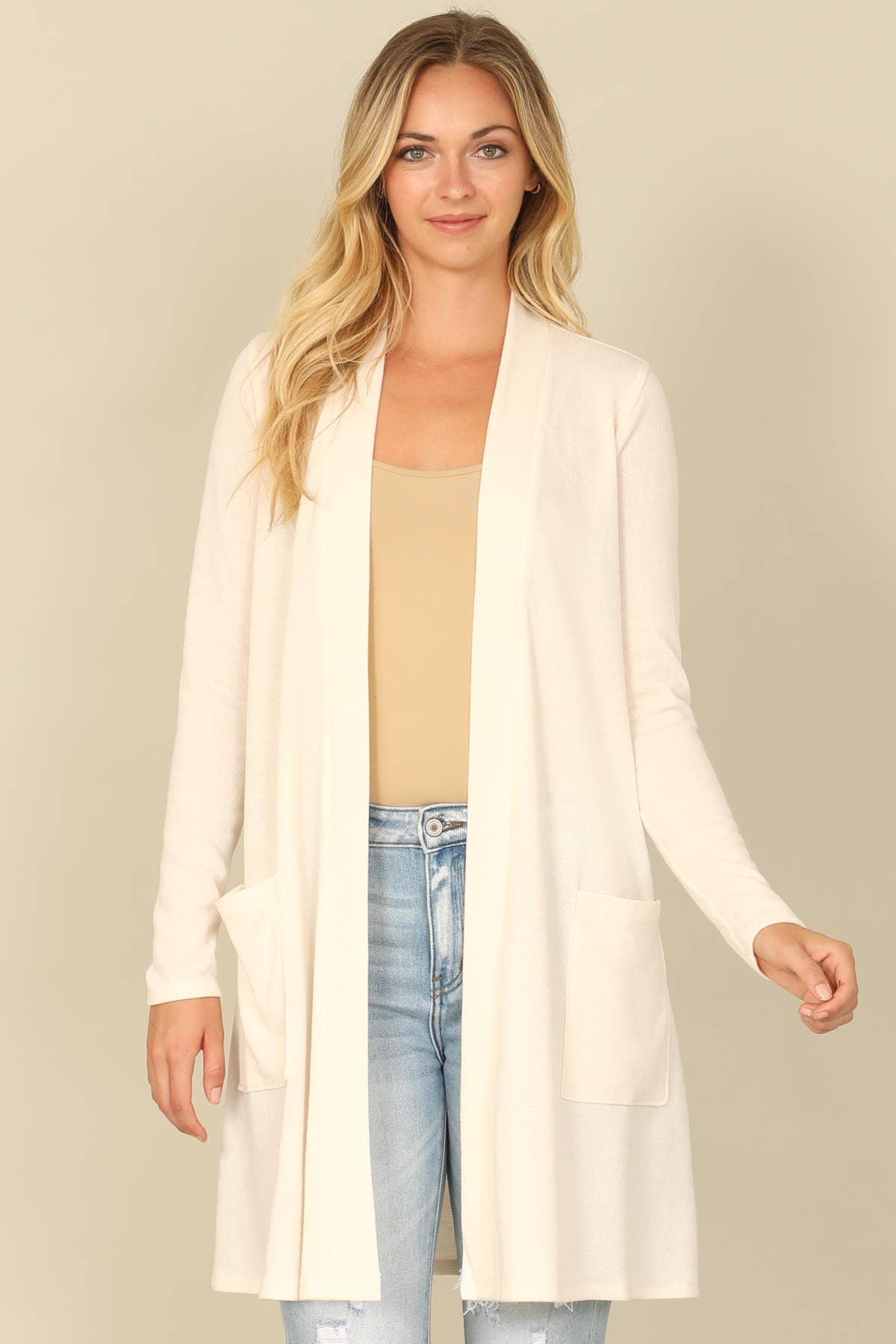 You & Me - Wholesale Cardigan - Women's - YMC30014V-SOLID LONG SLEEVE SIDE POCKET OPEN FRONT CARDIGAN0