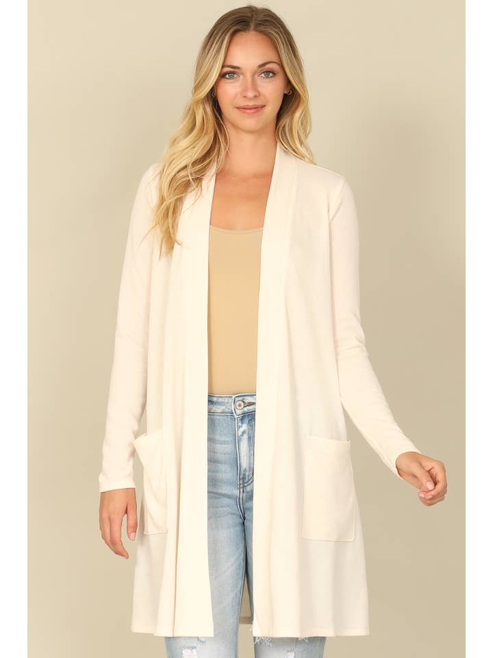 You & Me - Wholesale Cardigan - Women's - YMC30014V-SOLID LONG SLEEVE SIDE POCKET OPEN FRONT CARDIGAN