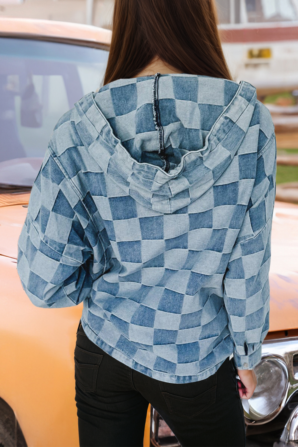 Comme indiqué Hoodie en jean à carreaux avec fermeture éclair au col et poche kangourou Fashion-W en vente sur Faire1