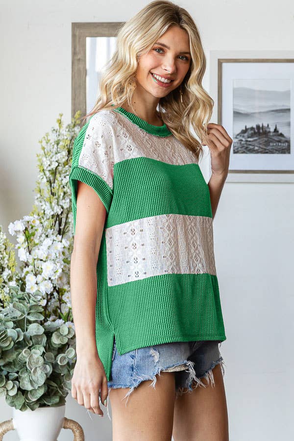 7th Ray - Vente Haut en maille – femme - Haut à manches courtes avec contraste en dentelle côtelée T58637