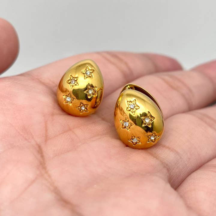 Mio Queena - Wholesale Stud/Post Earrings - Colored CZ Star 18K Golden Shiny Drop Stud Earings - FGS