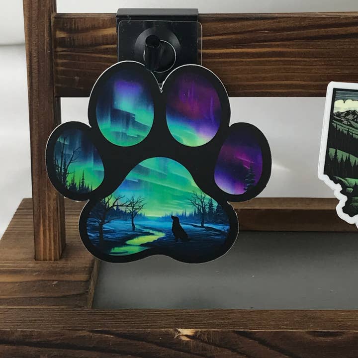 National Parks and Beyond - Wholesale Sticker - Northern Lights Paw Print Sticker – Dog and Aurora Design6