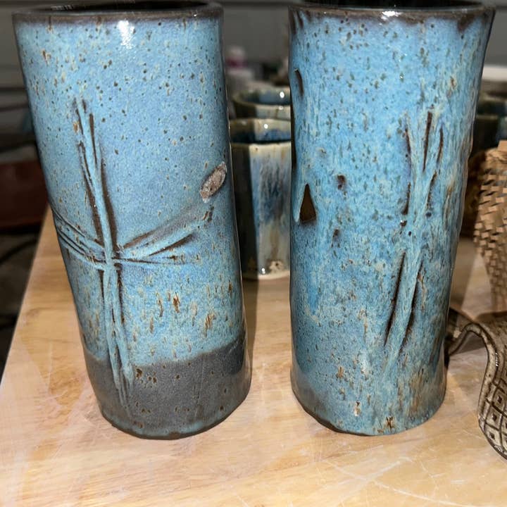 Etched cross pottery/ceramic cylinder vase for wholesale by W.H.I.M. Pottery