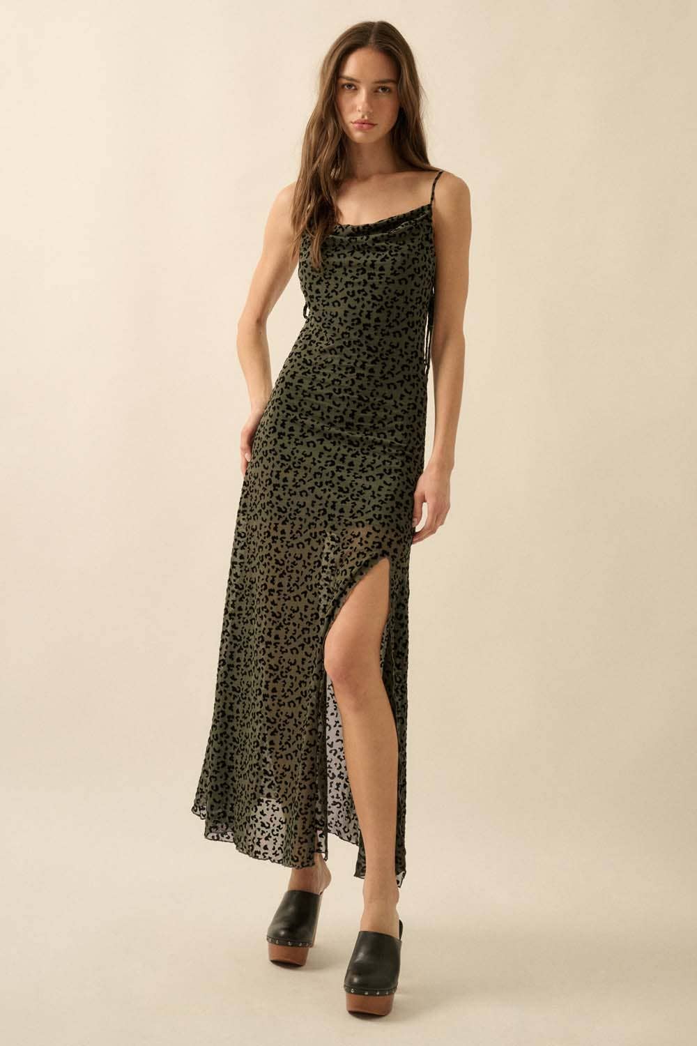 Promesa USA - Wholesale Dress - Women's - Flocked Leopard Mesh Cowl-Neck Maxi Dress12