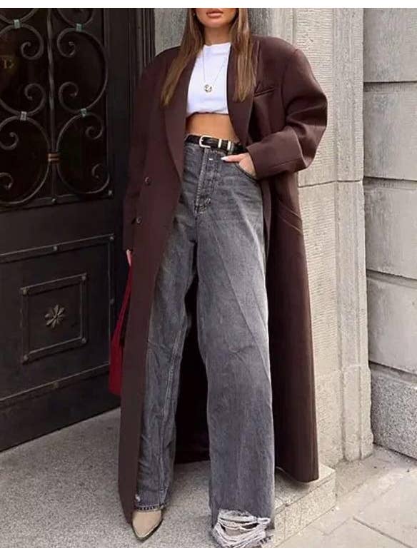 Coffee Commuter padded shoulder lapel tweed trench coat overcoat for wholesale on Faire6