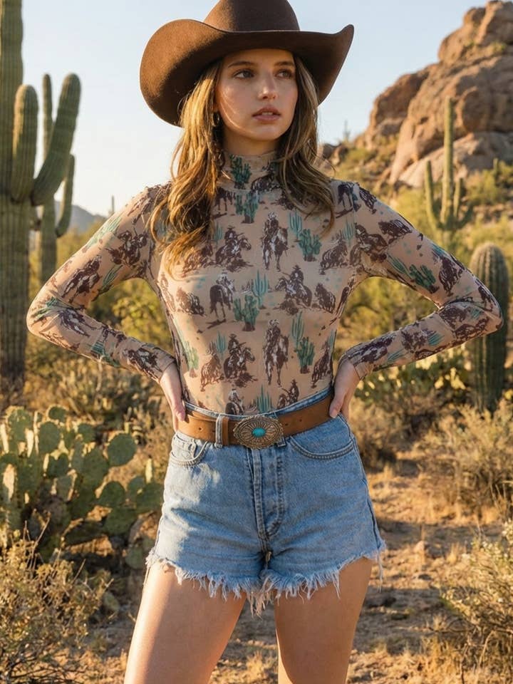 T1502-6431-Marylin Western Cactus Cowboy Print Top for wholesale by Nylon Apparel