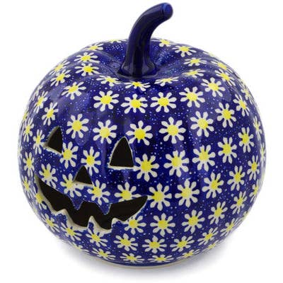 Jack O Lantern Candle Holder 9" Daisy Theme for wholesale by Polmedia Polish Pottery