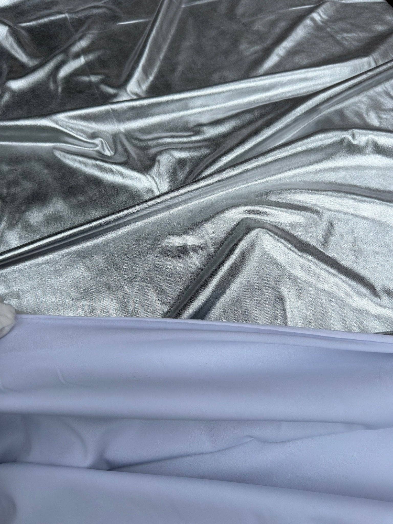 GalaTextile - Wholesale Fabric - Silver Spandex Lame Foil Fabric by Yard Super Stretch Metallic Lame All Over Foil on Stretch Knit for Dance Wear Costumes, Dresses, Leggings8