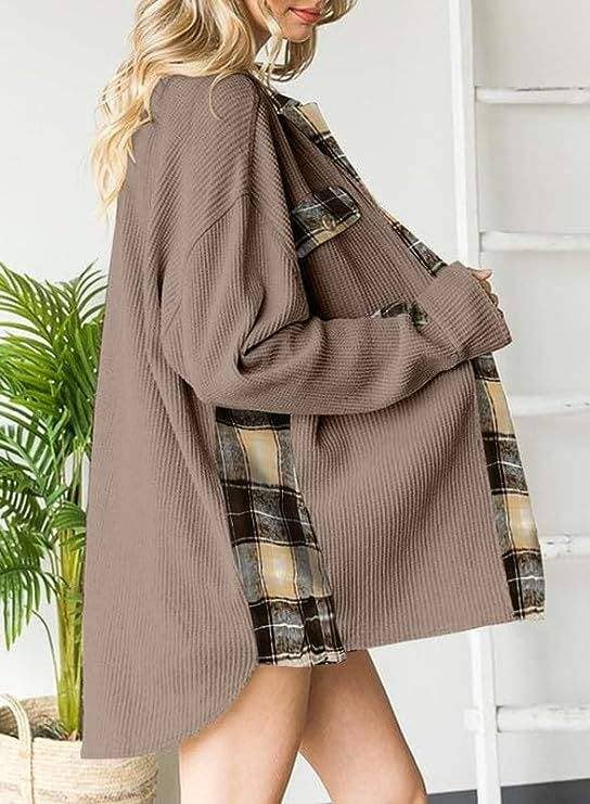 Queen Fashion – wholesale Jacket – Women's – sleeve top melliflo waffle knit plaid shacket12