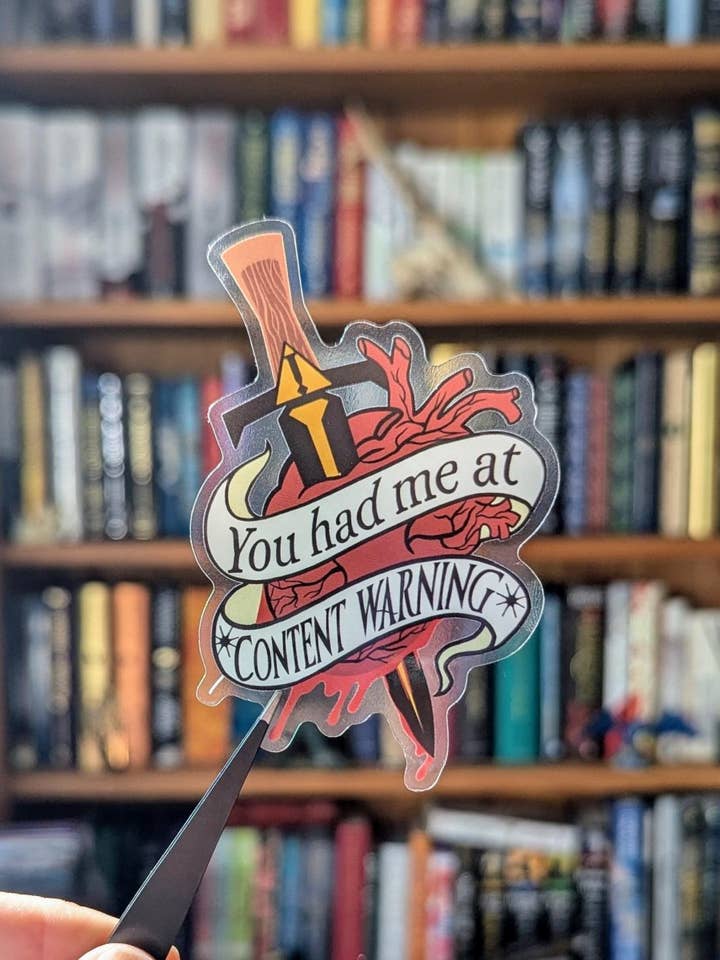 Book lover translucent sticker content warning for wholesale by Geek and Artsy