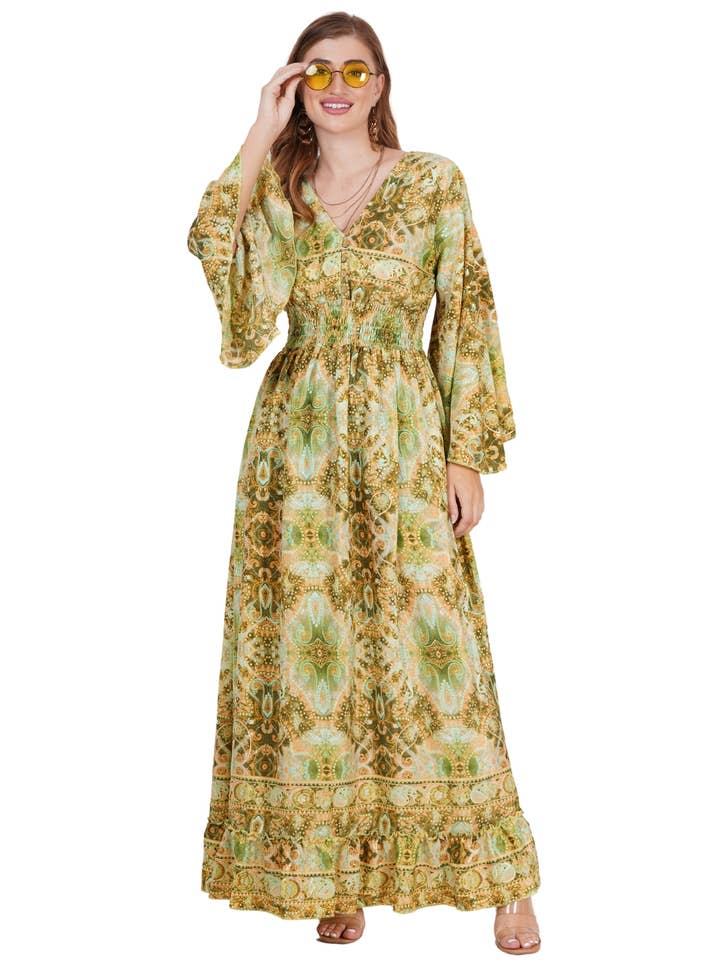 Kvinnors blommönstrade lång maxiklänning V-ringade klockarmar för wholesale av Wevez