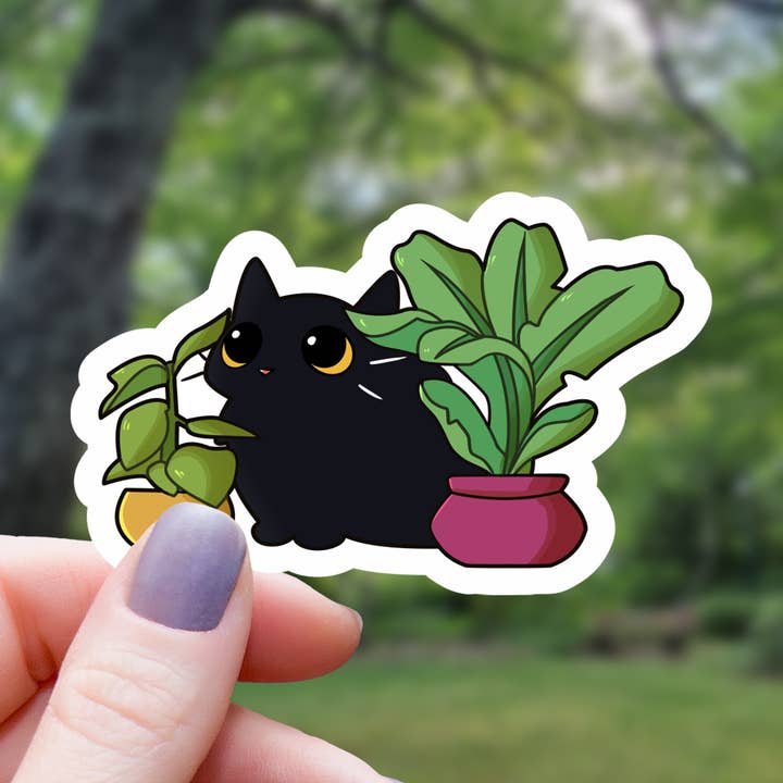 Black Cat Amongst Houseplants Sticker - 3" for wholesale by Mimic Gaming Co