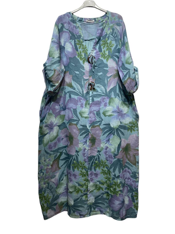 LINEN & COTTON HOUSE - Wholesale Dress - Women's - LINEN DRESS WITH FLORAL PATTERN WITH SIDE POCKETS 94127