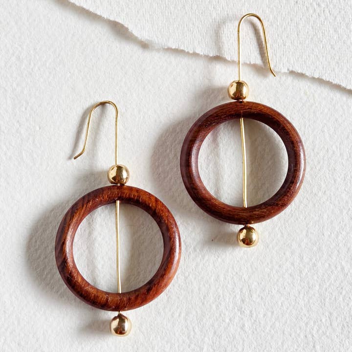 Brass wood hoop sphere earrings handmade Bisjoux exclusive for wholesale by Bisjoux