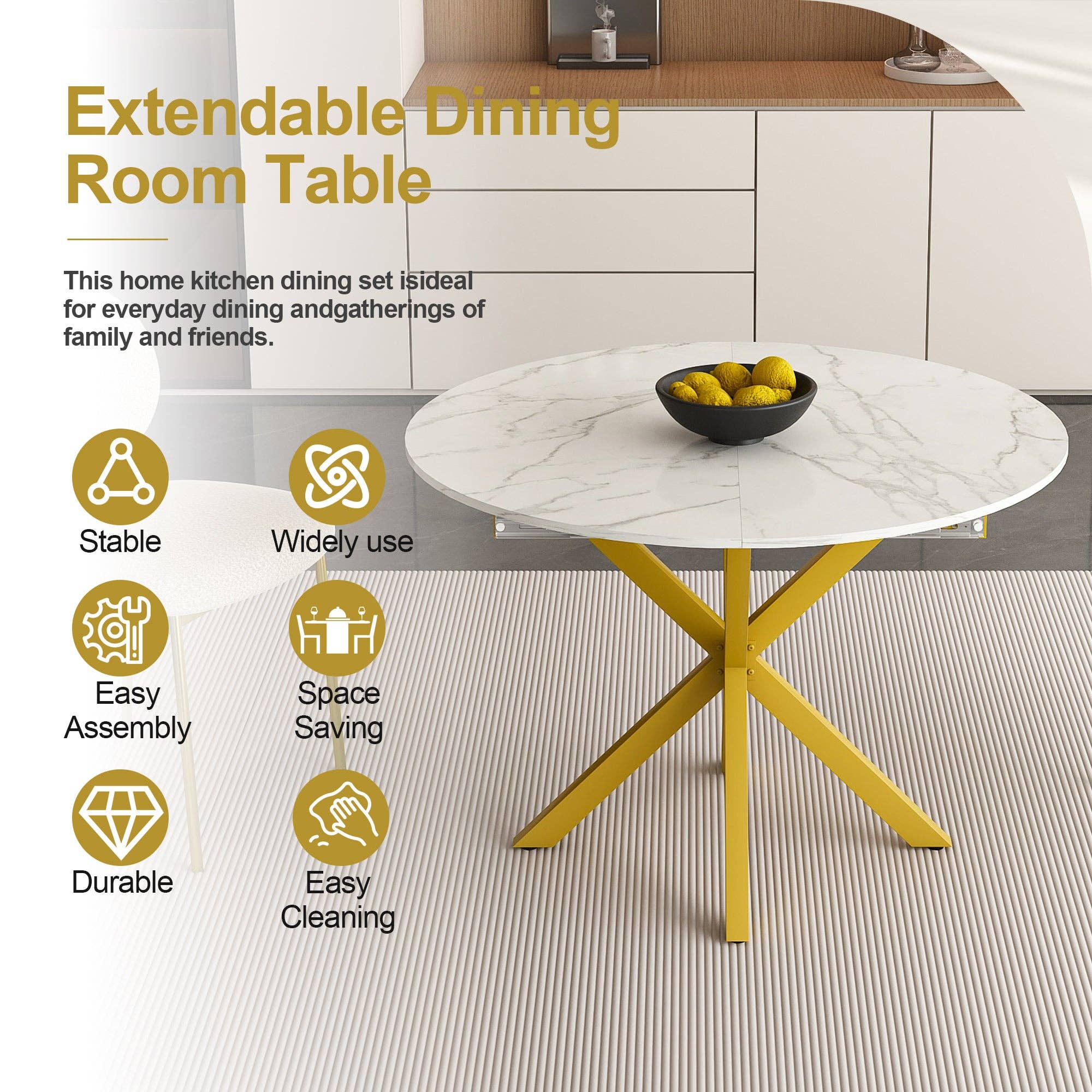 39F Inc. - Wholesale Side Table - Modern Round Dining Table with Extendable Blades, Carbon Steel X-Base, White Marble-Veined Top, MDF and Iron Construction, Fits 4-6 People13