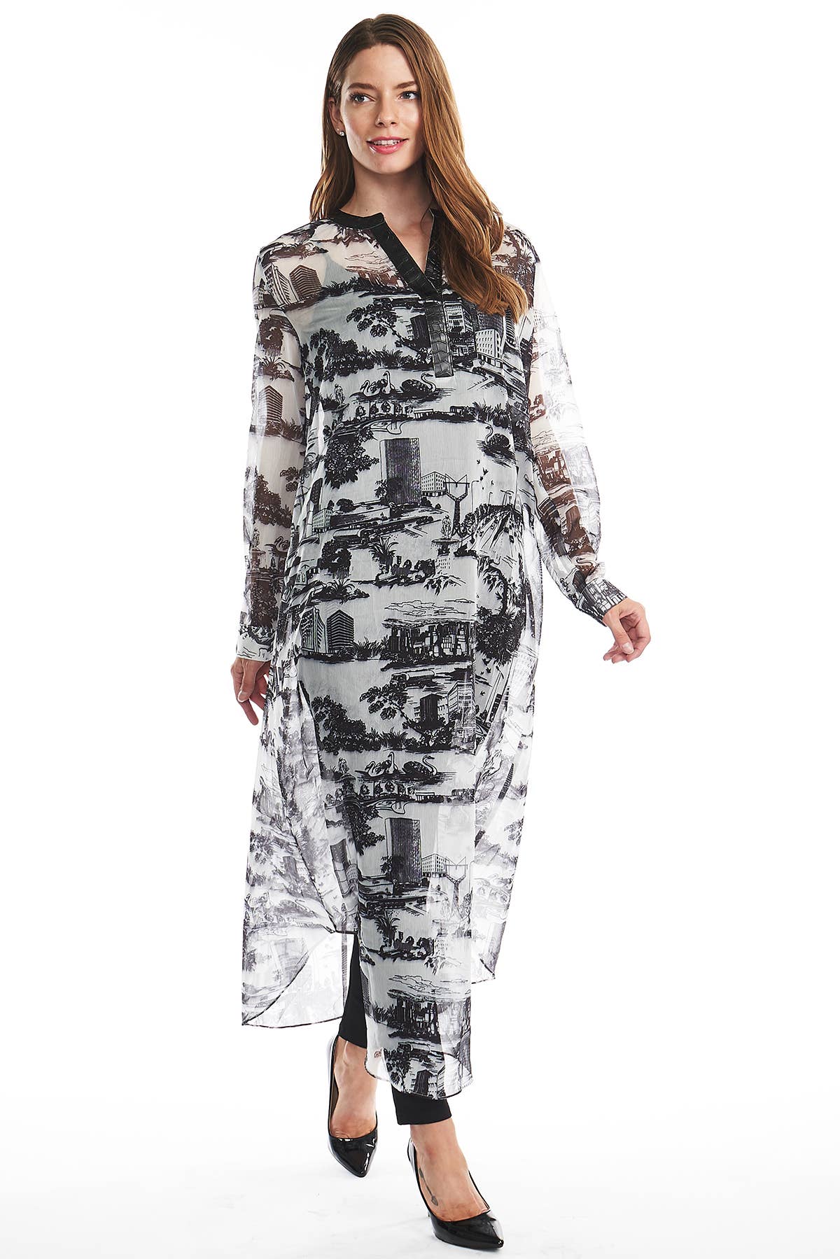 TOV – Engroshandel Tunika - Dame – [OP4162] Faux læder Trim Trykt Sheer Tunika5