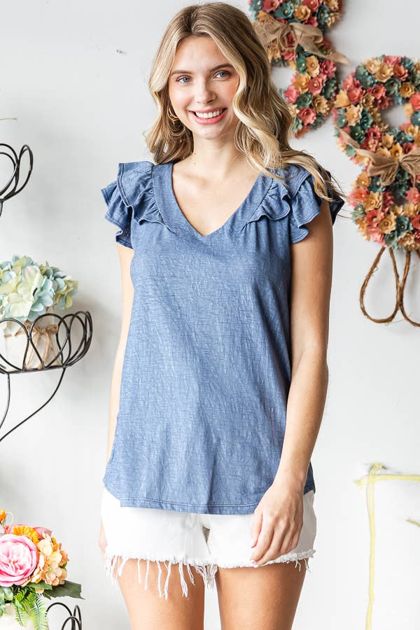 7th Ray - Vendita all'ingrosso Camicetta - Donna - Top a doppia balza a forma di V in misto cotone solido T547417