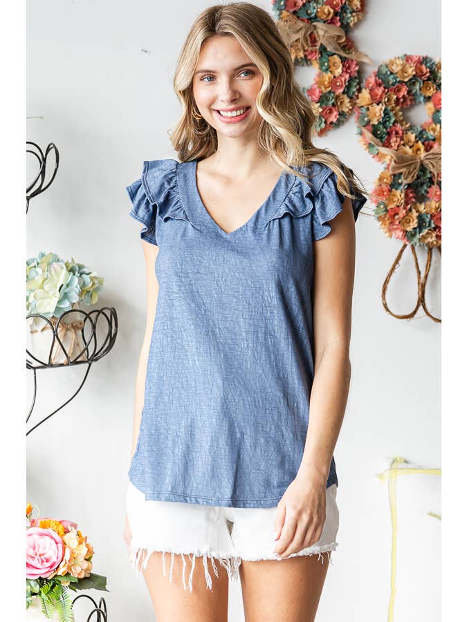 7th Ray - Vendita all'ingrosso Camicetta - Donna - Top a doppia balza a forma di V in misto cotone solido T547417