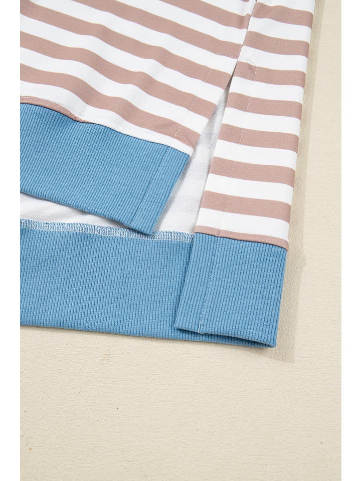 Beige Stripe Contrast Edge Pullover and Shorts Plus Size Set for wholesale on Faire10