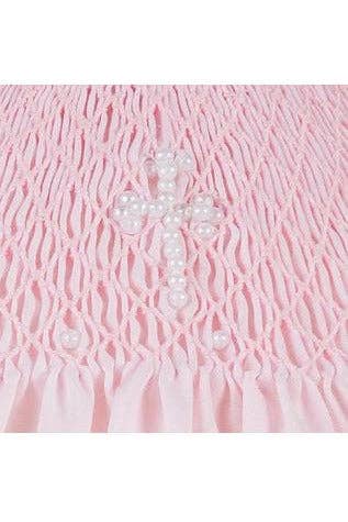 Julius Berger & Carriage Boutique – Engroshandel Kjolesæt – til baby – Baby Pigers Dåb Perle Cross Kjole Bonnet Pink1