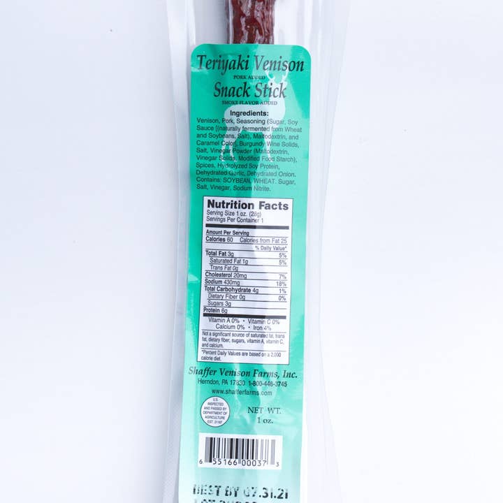 Individual Packaged TERIYAKI Venison Snack Stick for wholesale by Shaffer Venison Farms