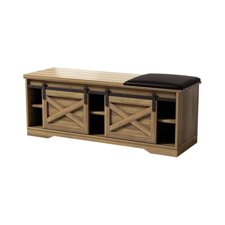 HomeRoots - Wholesale Bench - 47" Black and Natural Faux Leather And Wood Bench With Shoe Storage And Shelves3