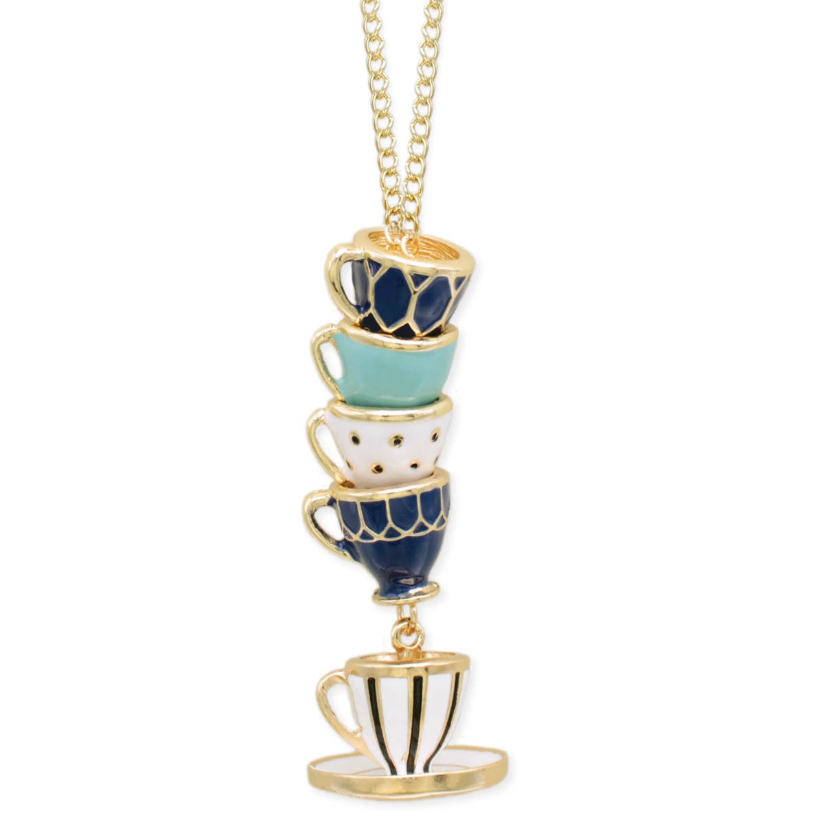 ZAD – wholesale Pendant/charm necklace – Mad Hatter Blue Teacup Stack Gold Necklace1