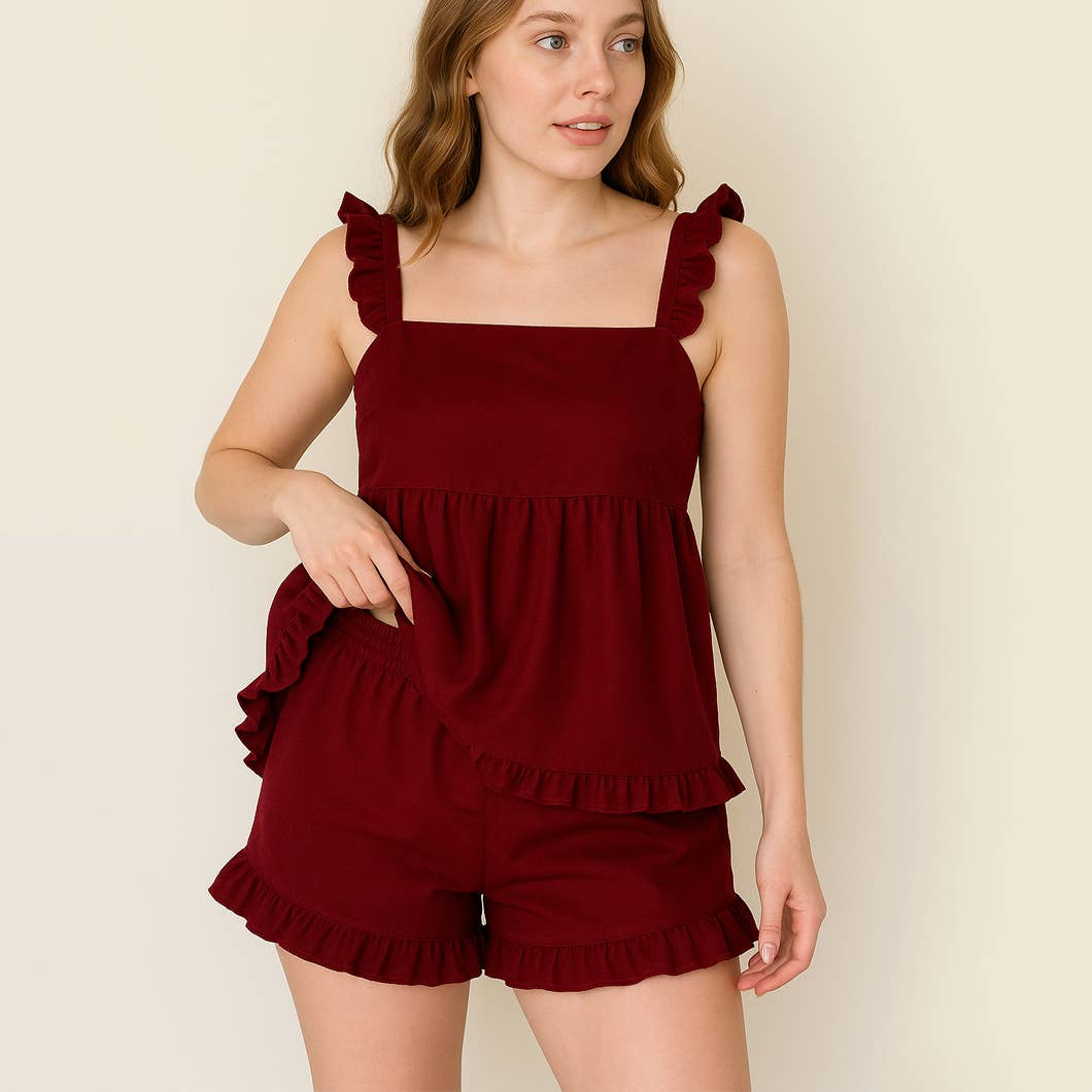 The Blissful - Vente Haut et bas de pyjama – femme - Ensemble de pyjama court avec caraco brodé sur mesure et volants1