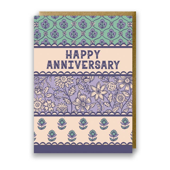 Indian Floral Happy Anniversary Card - Mint & Lilac Print for wholesale by Jessie Maeve Studio