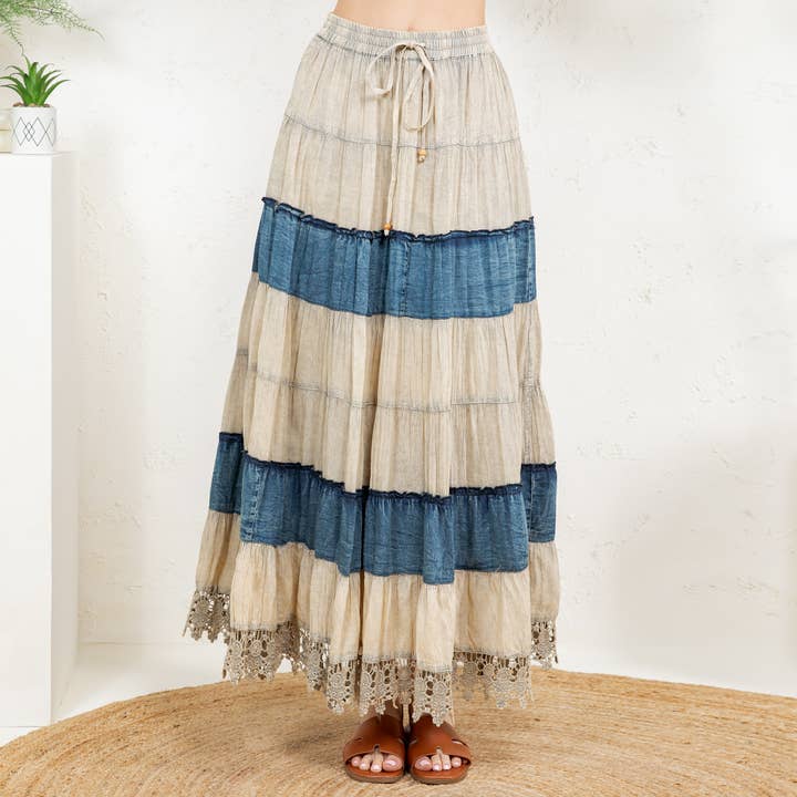 Latte Boho Patchwork Long Skirt with Denim& Lace Inserts for wholesale on Faire1